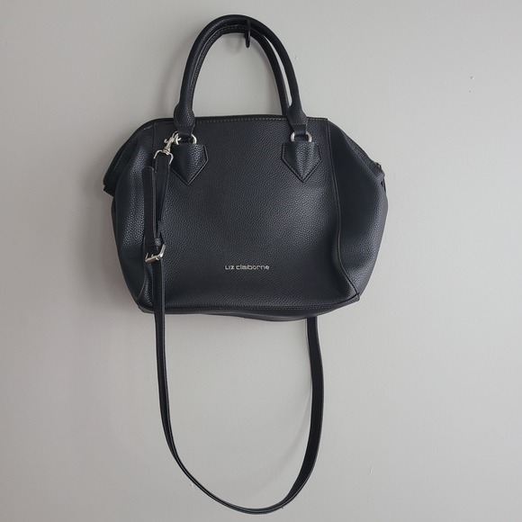 Liz Claiborne black pebbled faux leather satchel bag purse detachable strap goth - Picture 4 of 16